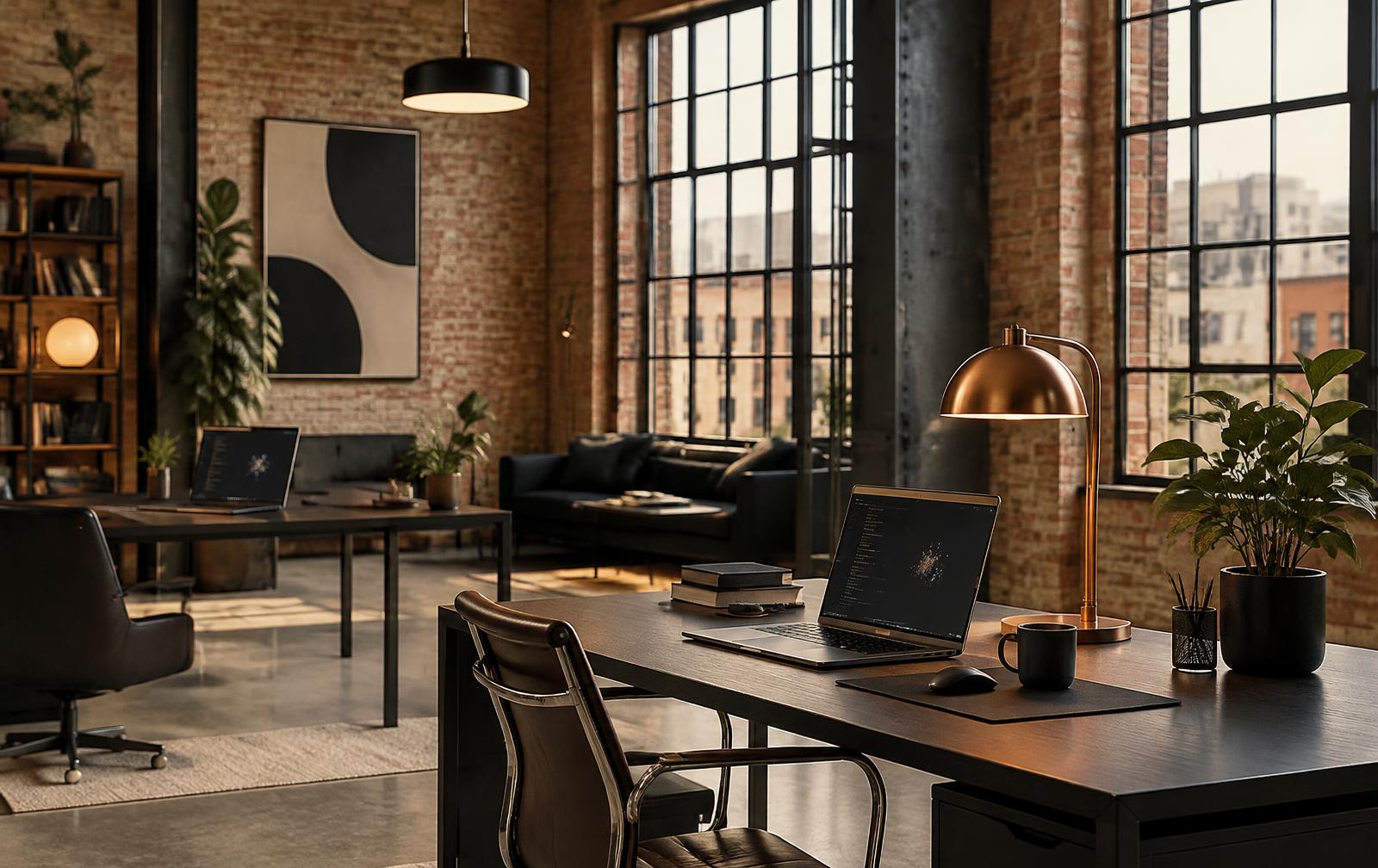 A warm, sunlit loft studio with exposed brick, tall steel windows and a desk with a laptop and copper lamp