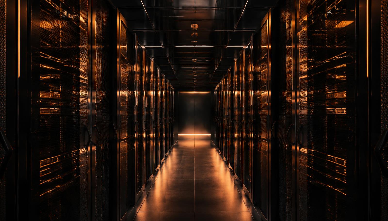 A long server room corridor lit with warm copper light